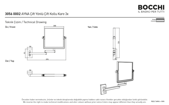 Bocchi Ayna Büyüteçli Çift Kollu Çift Yönlü Kare Büyüteçli Ayna - Led Işıksız Çift Kollu Çift Yönlü Kare 3X Krom