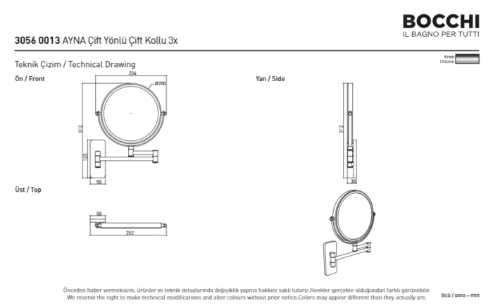 Bocchi Ayna Büyüteçli Çift Kollu Çift Yönlü Büyüteçli Ayna - Led Işıksız Çift Kollu Çift Yönlü 3x Krom - 3056-0001 - Aynalar ve Ayna Setleri - 2