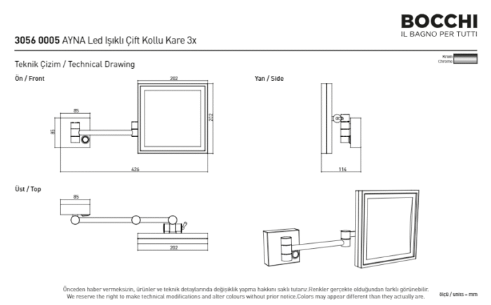 Bocchi Ayna Büyüteçli Led Işıklı Çift Kollu Kare Krom - 3056-0005 - Aynalar ve Ayna Setleri - 2