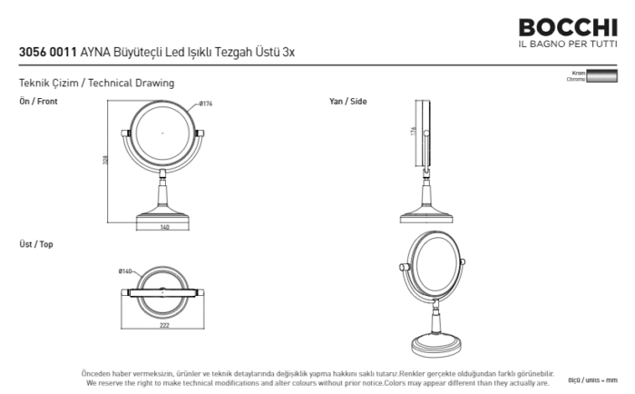 Bocchi Ayna Büyüteçli Led Işıklı Tezgah Üstü Büyüteçli Ayna - Led Işıklı Çift Yönlü Tezgah Üstü 3x Krom