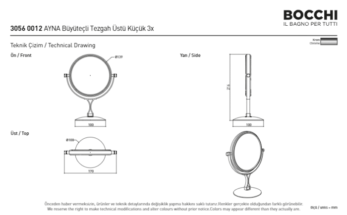 Bocchi Ayna Büyüteçli Tezgah Üstü Küçük Büyüteçli Ayna - Led Işıksız Tezgah Üstü - Küçük 3x Krom - 3056-0012 - Aynalar ve Ayna Setleri - 2