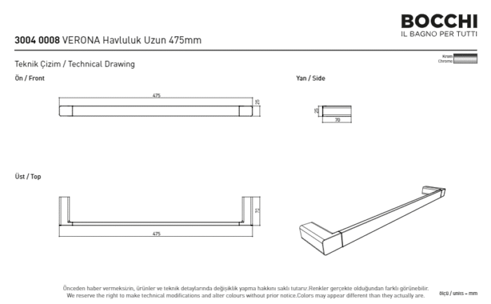 Bocchi Classico Verona Uzun Havluluk 475 mm Krom - 3004-0008 - Havluluk - 2