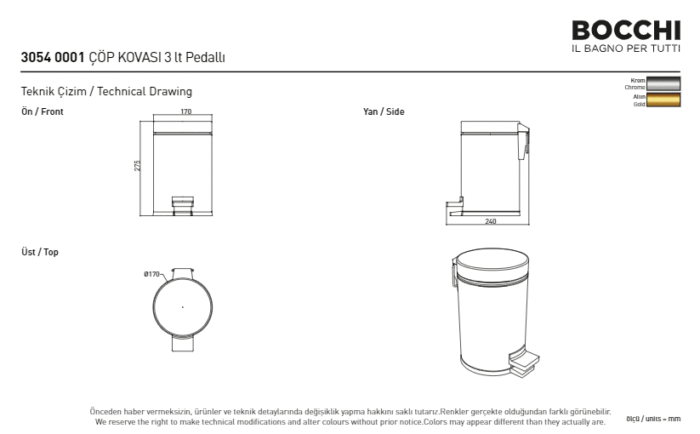 Bocchi Çöp Kovası Pedallı Çöp Kovası Pedallı Altın - 3054-0001-EG - Çöp Kutusu - 2