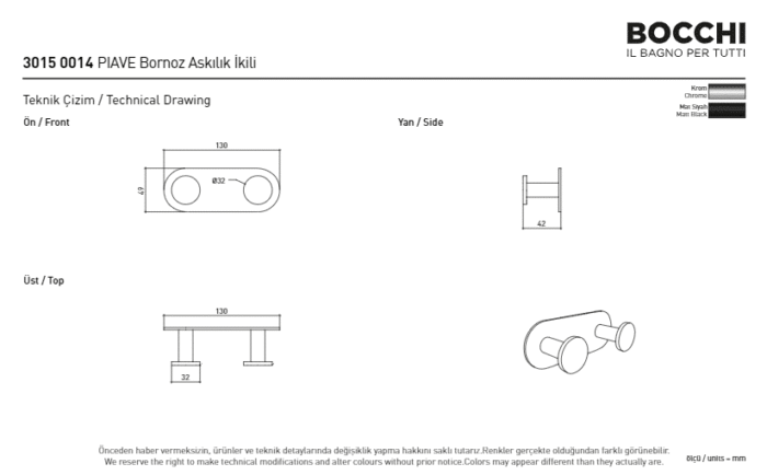 Bocchi Piave Bornoz Askılığı - İkili Krom - 3015-0014 - Askılık, Bornoz Askılığı - 2
