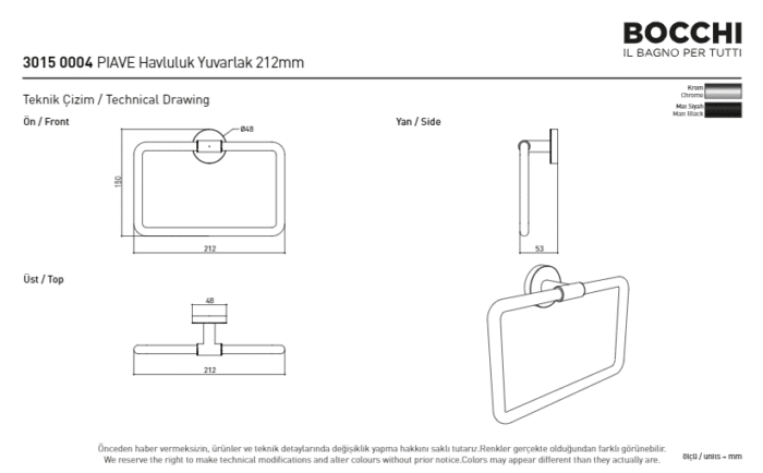 Bocchi Piave Yuvarlak Havluluk 212 mm Mat Siyah