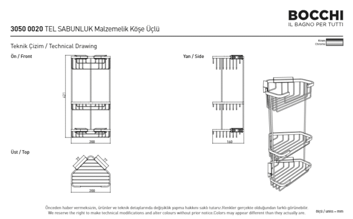 Bocchi Tel Sabunluk Malzemelik Köşe Üçlü Tel Sabunluk Malzemelik Köşe Üçlü Krom - 3050-0020 - Malzemelik - 2