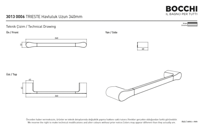 Bocchi Trieste Uzun Havluluk 340 mm Krom - 3013-0006 - Havluluk - 2