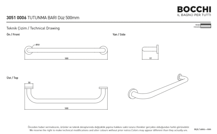 Bocchi Tutunma Barı Düz Tutunma Barı Düz 500 mm Krom - 3051-0006 - Tutunma Barı, Tutamak - 2