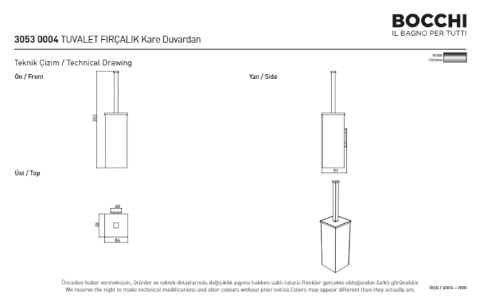 Bocchi Tuvalet Fırçalık Duvardan Kare Tuvalet Fırçalığı Duvardan Kare Krom - 3053-0004 - Klozet Temizleme Fırçası - 2