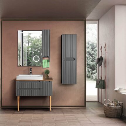 Bagnora Artemis 85 cm Antrasit/Ahşap Banyo Dolabı (Boy Dolapsız)