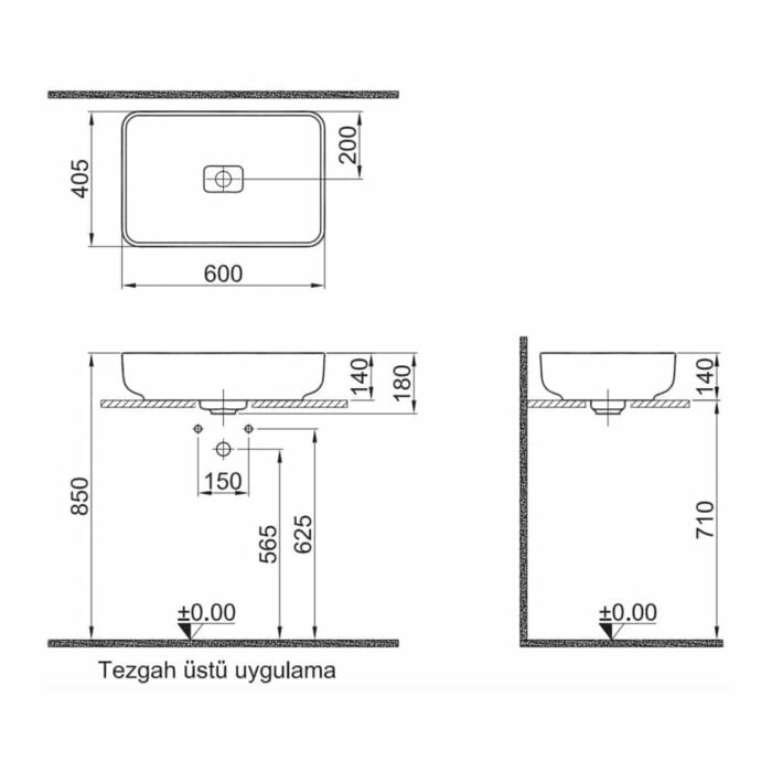 Kale Zero 2.0 60 cm Dikdörtgen Siyah Çanak Lavabo