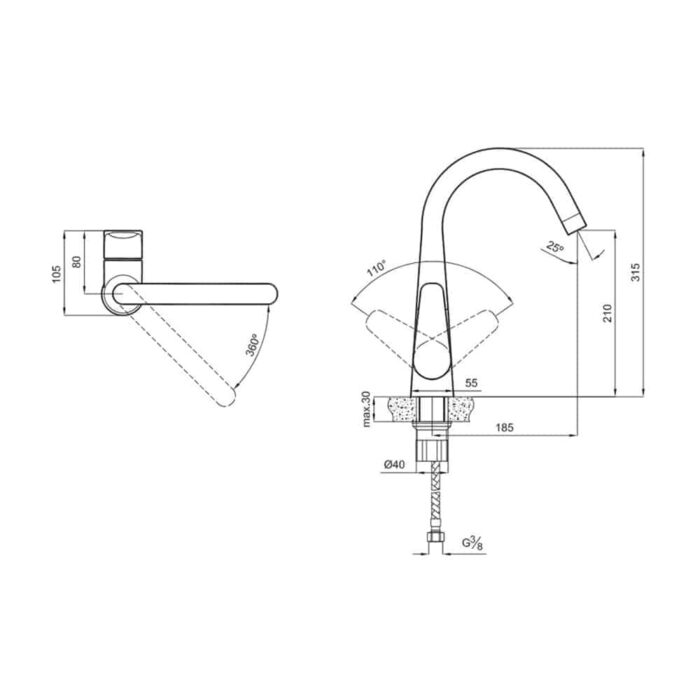 Kale Zero Siyah Döner Borulu Mutfak Bataryası - 410200500514 - Mutfak Eviye Bataryası - 1