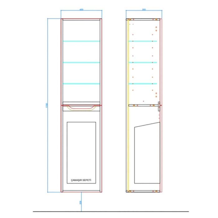 Kale Casilla 40 cm Satin Gri Sepetli Sağ Boy Dolabı