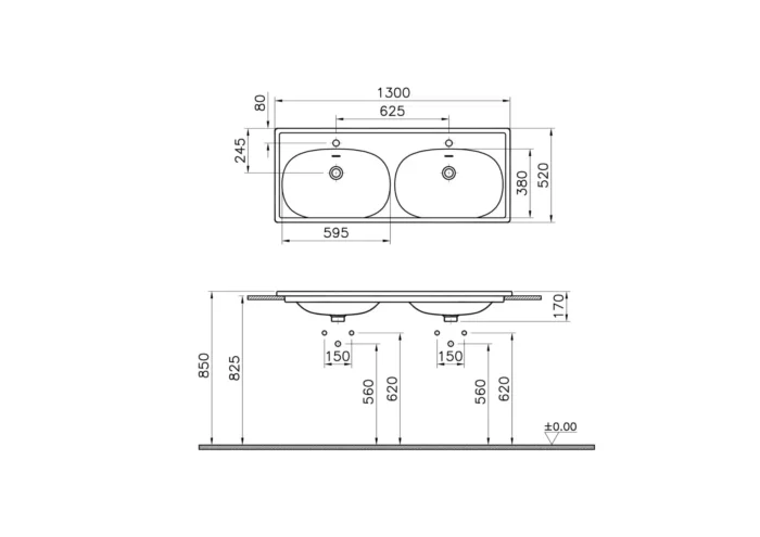 Vitra Equal 130 cm Mat Taş Gri Etajerli Lavabo - 7244B476-0001 - Çift Hazneli Lavabo - 1