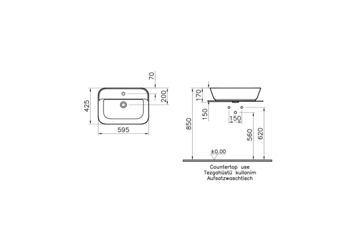 Vitra Geo 60 cm Mat Siyah Dikdörtgen Çanak Lavabo - 7426B083-0001 - Çanak Lavabo - 1