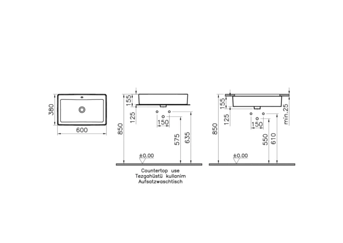 Vitra Nuo 60 cm Beyaz Dikdörtgen Tezgah Altı Lavabo