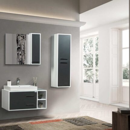 Bagnora Alize 85 cm Antrasit Beyaz Banyo Dolabı (Boy Dolaplı)