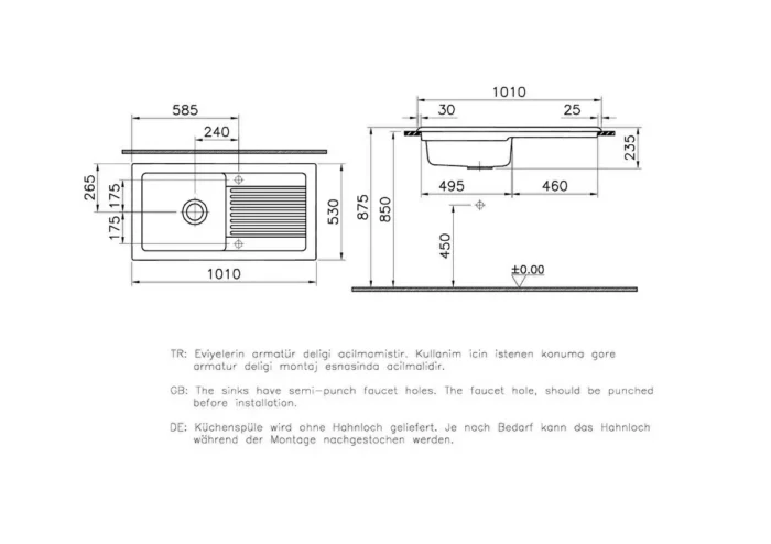 Vitra Tezgahüstü Eviye Tek Gözlü 100x53 cm