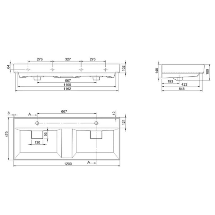 Cerastyle Sharp Etajerli Lavabo 120x48 cm (Çift Hazneli, Çift Batarya Delikli) - VB012B72T003Y01102 - Etajerli Lavabo - 2