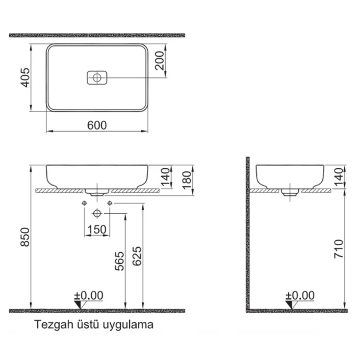 Kale Zero 2.0 60x40 Dikdörtgen Çanak Lavabo Mat Antrasit Gri - 310200200525 - Çanak Lavabo - 1