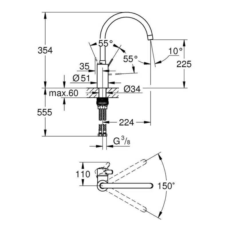 grohe eviye bataryasi doner borulu eurosmart cosmo krom 32843002 spiralli ve doner borulu eviye bataryalari grohe eurodisc 1028561 33 B