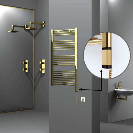 Radiva Haiti Elektrikli Havlupan 600x1100 Düz Altın Parlak (OneD On/Off ) Sağ 300 Watt - 1HAI06001100DK2PE8030 - Elektrikli Havlupan