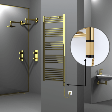 Radiva Haiti Elektrikli Havlupan 600x1500 Düz Altın Parlak (OneD On/Off ) Sağ 300 Watt - 1HAI06001500DK2PE8030 - Elektrikli Havlupan