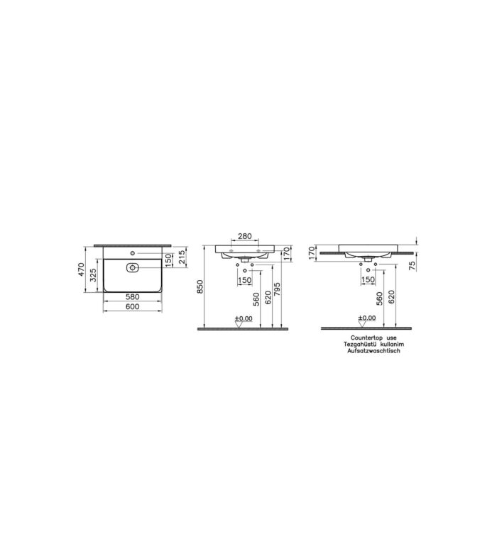 Vitra Metropole Çanak Lavabo 60x47 cm Tek Armatür Delikli, Su Taşma Delikli, Taupe - 7526B020-0973 - Çanak Lavabo - 1