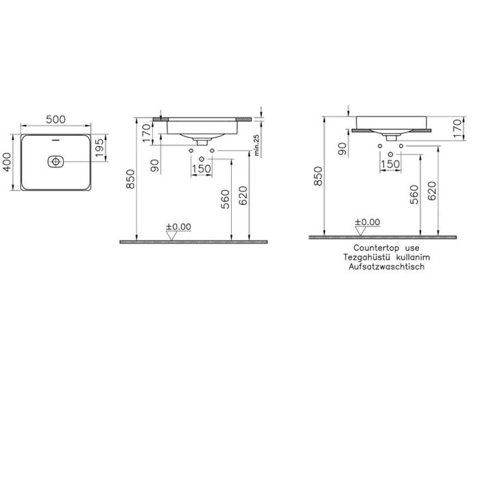 Vitra Metropole Çanak Lavabo Dikdörtgen, 50x40 cm Armatür Deliksiz, Su Taşma Delikli, Mat Siyah - Görsel 2