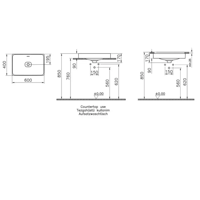 Vitra Metropole Çanak Lavabo Dikdörtgen, 60x40 cm Armatür Deliksiz, Su Taşma Delikli, Beyaz - Görsel 2