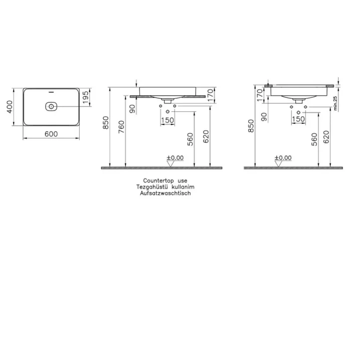 Vitra Metropole Çanak Lavabo Dikdörtgen, 60x40 cm Armatür Deliksiz, Su Taşma Deliksiz, Taupe - Görsel 2