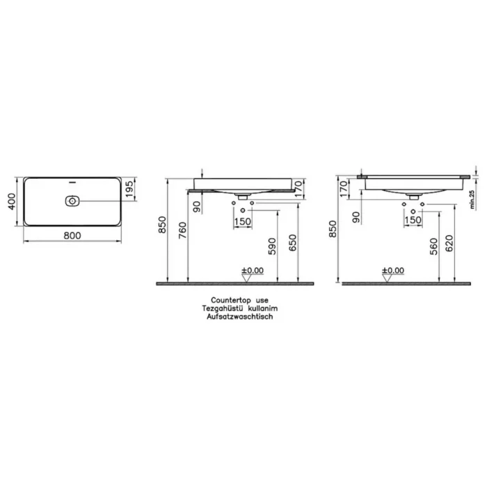 Vitra Metropole Çanak Lavabo Dikdörtgen, 80x40 cm Armatür Deliksiz, Su Taşma Delikli, Mat Taş Gri - Görsel 2