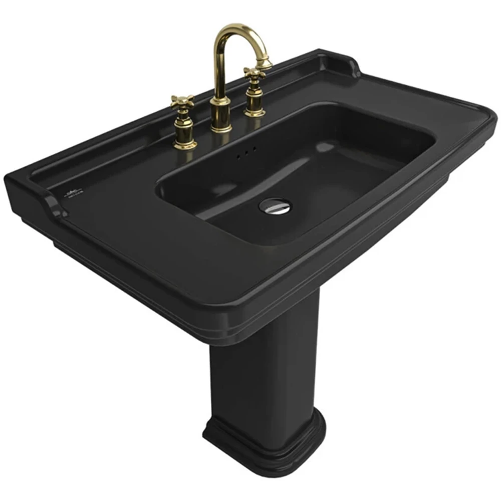 Kale Petra 90x50 Cm 3 Armatür Delikli Siyah Etajerli Lavabo Kale Petra 90x50 Cm 3 Armatür Delikli Siyah Etajerli Lavabo