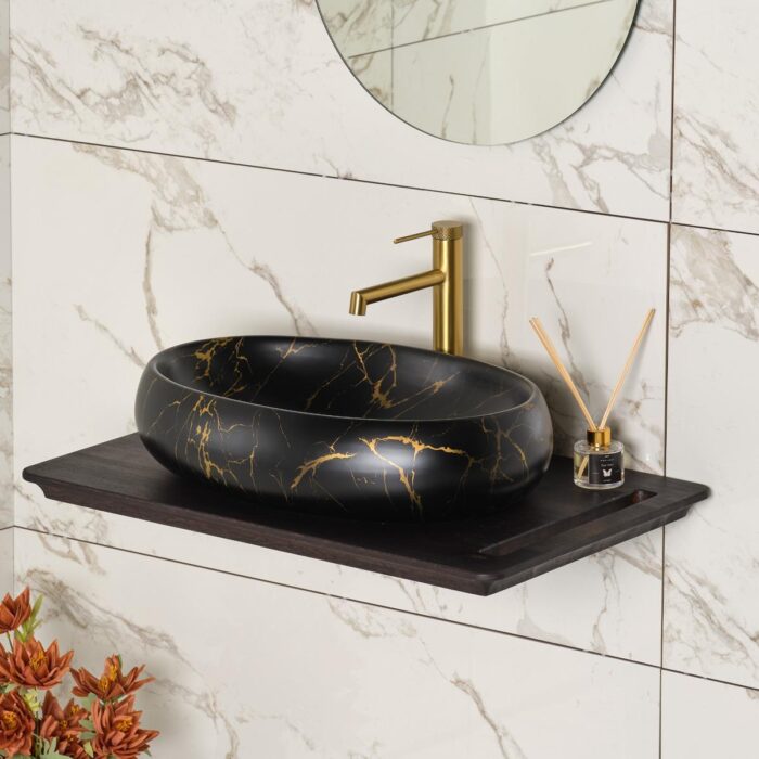 Lena EX-4710M7 Tezgah Üstü Lavabo Siyah & Altın Mermer