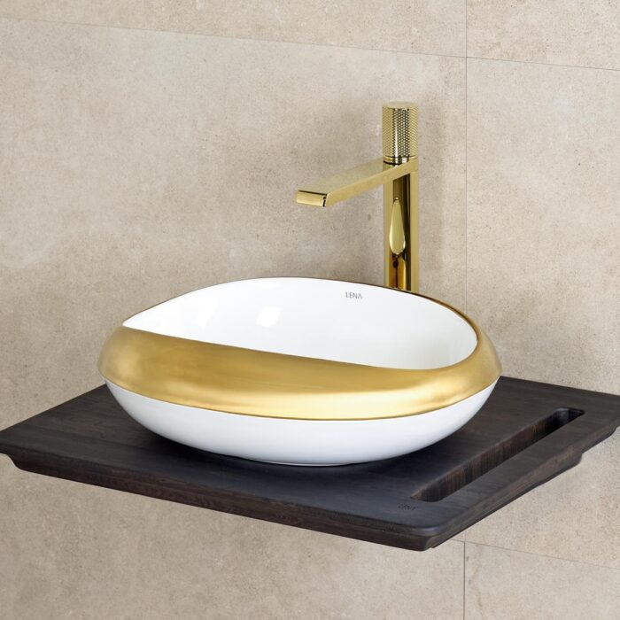 Lena EY-4710A Tezgah Üstü Lavabo Parlak Beyaz & Altın - EY-4710A - Tezgah Üstü Lavabo - 1