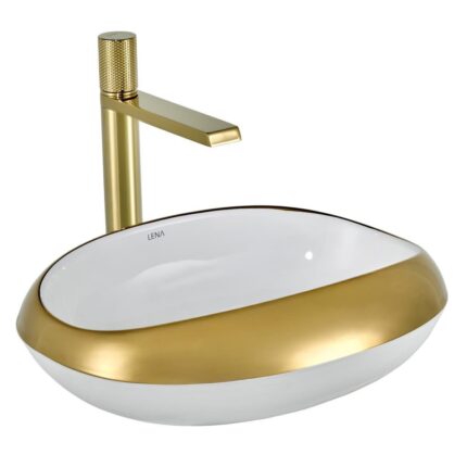 Lena EY-4710A Tezgah Üstü Lavabo Parlak Beyaz & Altın - EY-4710A - Tezgah Üstü Lavabo