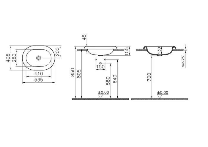 Vitra Liquid Tezgah Üstü Lavabo Oval Kompakt 53x40 cm Beyaz - 7300B403-0016 - Yarım Tezgah Lavabo, Tezgah Üstü Lavabo - 2