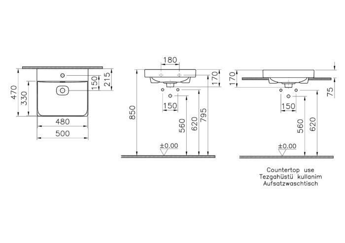 Vitra Metropole Çanak Lavabo 50x47 cm, Mat Siyah - 7525B083-0973 - Çanak Lavabo - 1