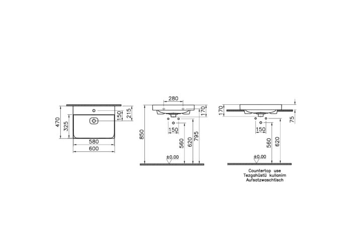 Vitra Metropole Çanak Lavabo 60x47 cm Tek Armatür Delikli, Su Taşma Delikli, Beyaz - 7526B003-0973 - Çanak Lavabo - 1