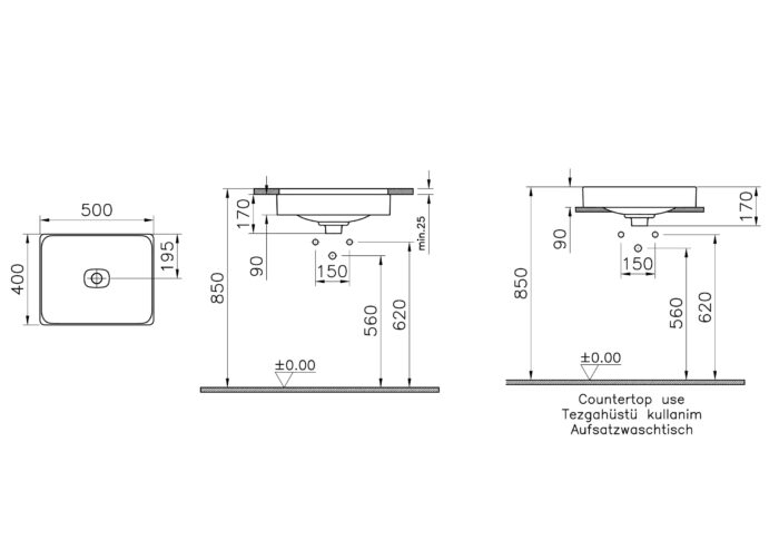 Vitra Metropole Çanak Lavabo Dikdörtgen 50x40 cm, Mat Siyah - 7534B083-1398 - Çanak Lavabo - 1