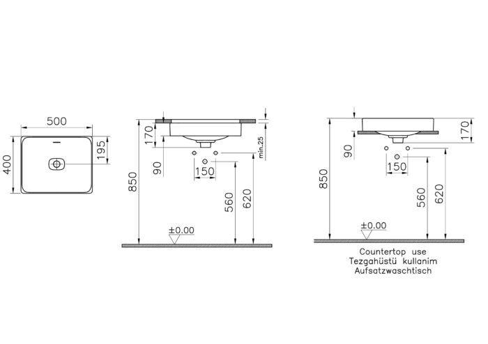 Vitra Metropole Tezgahaltı Lavabo Dikdörtgen 50x40 cm, Mat Taş Gri - 7534B076-1082 - Tezgah Altı Hilton Lavabo - 1
