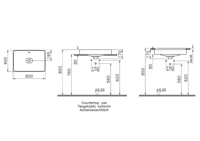 Vitra Metropole Tezgahaltı Lavabo Dikdörtgen, 60x40 cm Armatür Deliksiz, Su Taşma Deliksiz, Mat Taş Gri - 7535B076-1083 - Tezgah Altı Hilton Lavabo - 1