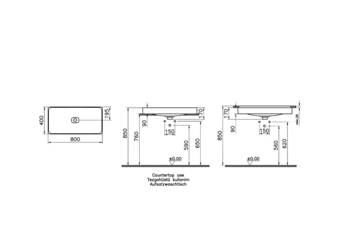 Vitra Metropole Tezgahaltı Lavabo Dikdörtgen, 80x40 cm Armatür Deliksiz, Su Taşma Deliksiz, Mat Siyah - 7536B083-1083 - Tezgah Altı Hilton Lavabo - 1
