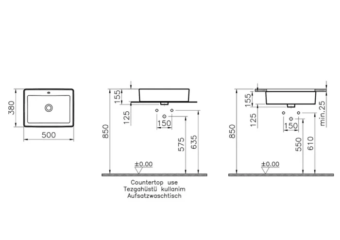 Vitra Nuo Tezgahaltı Lavabo Dikdörtgen, Kompakt, 50x38 cm Armatür Deliksiz, Su Taşma Delikli, Beyaz - 7436B003-1082 - Tezgah Altı Hilton Lavabo - 2