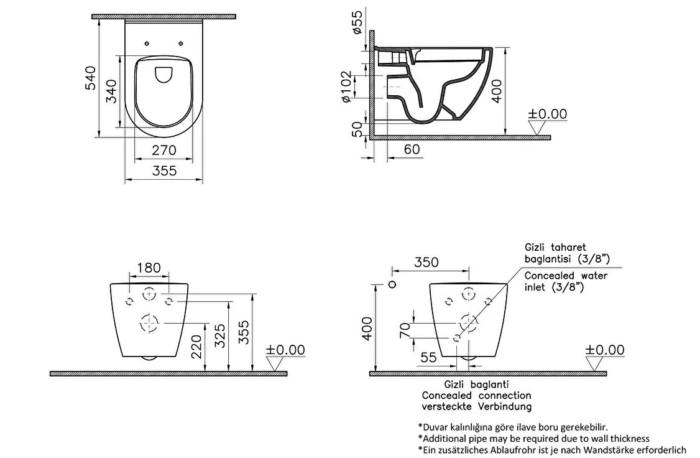 Vitra S60 Asma Klozet SmoothFlush Gizli Montajlı 54 cm, Mat Bej - 7510B020-0090 - Asma Klozet - 1