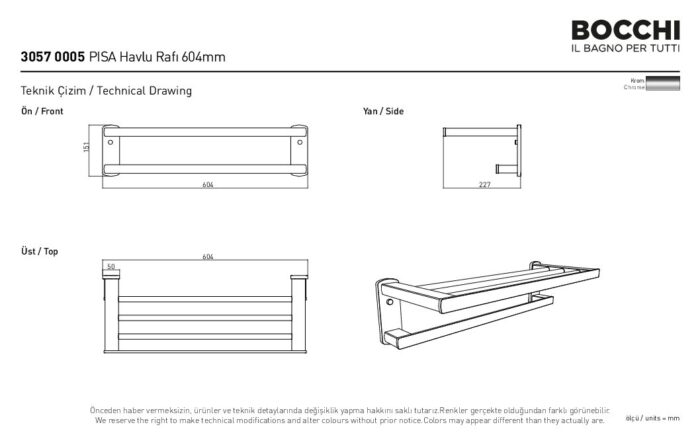 Bocchi Pisa Havlu Rafı 600 mm Krom - BOC-3057-0005 - İNDİRİMLİ FIRSAT ÜRÜNLERİ - 1