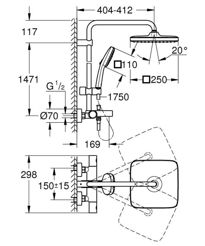 Grohe Tempesta System 250 Cube Duvara Monte Termostatik Banyo Bataryalı Duş Kolonu, Mat Siyah