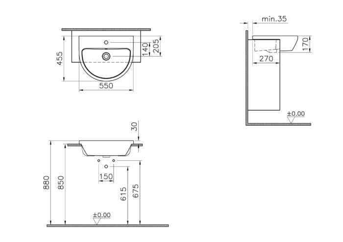 Vitra Integra Yarım Tezgah Lavabo Yuvarlak, 55x45 cm Tek Armatür Delikli, Su Taşma Delikli, Beyaz - Görsel 2