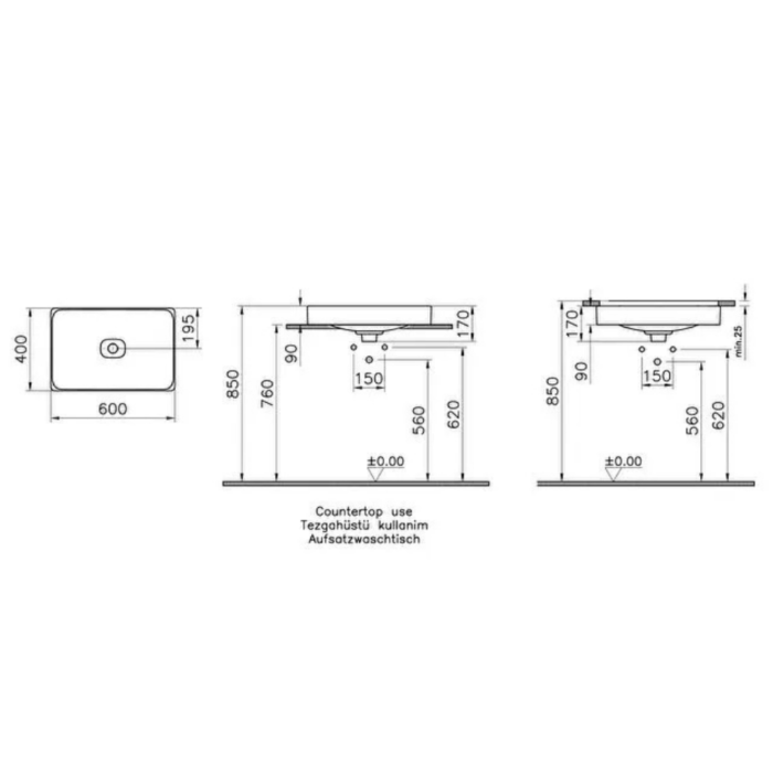 Vitra Metropole Tezgah Altı Lavabo Dikdörtgen, 60x40 cm, Beyaz - Görsel 2
