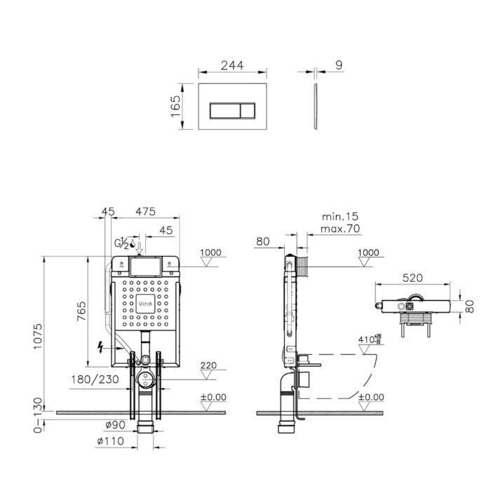 Vitra Gömme Rezervuar Seti, Krom Root Square Kumanda Paneli, Stop Valf (768-1851-01+740-2380+A41461Gr+A41441Gr) - Görsel 2
